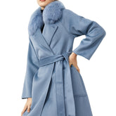 Blue winter long wool coat with fox fur collar - FashionByTeresa